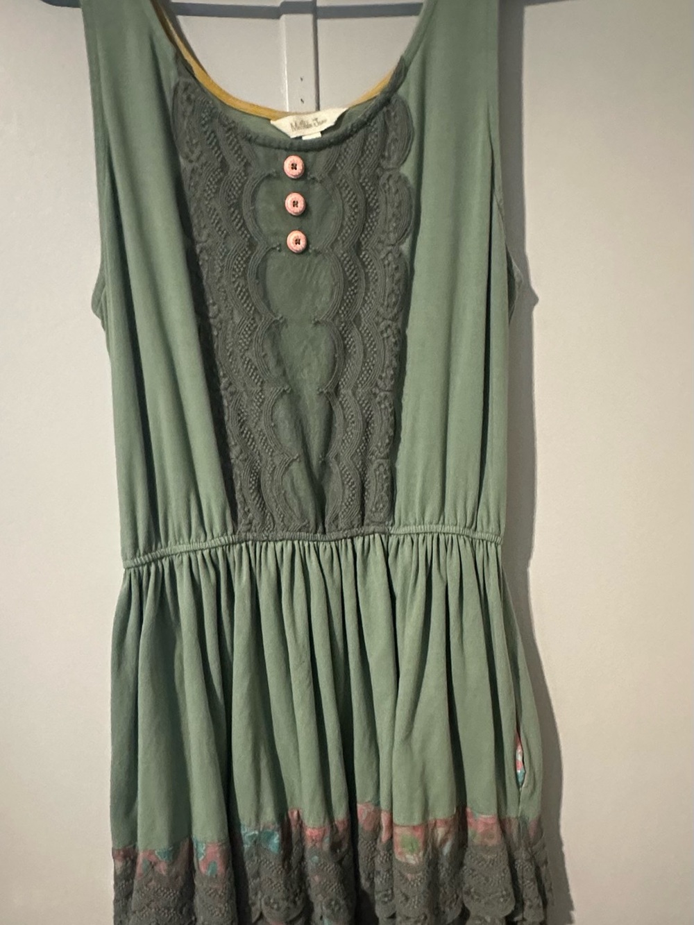 Matilda Jane Sage Green Lace-Front Tiered Sundress with Pink Buttons